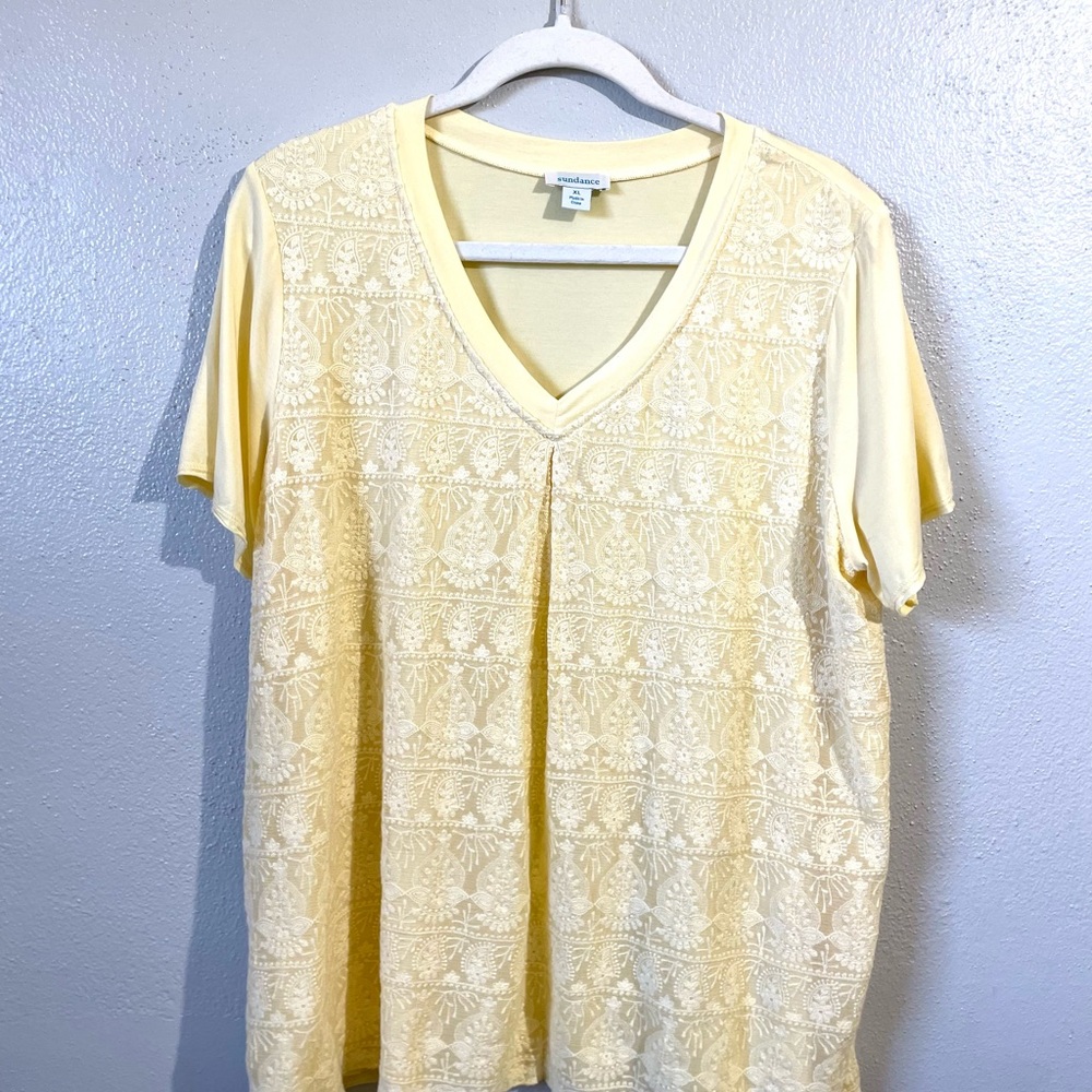 Sundance Yellow Silk Embroidered Lace Boho Feminine V-neck Artisan Top Shirt XL